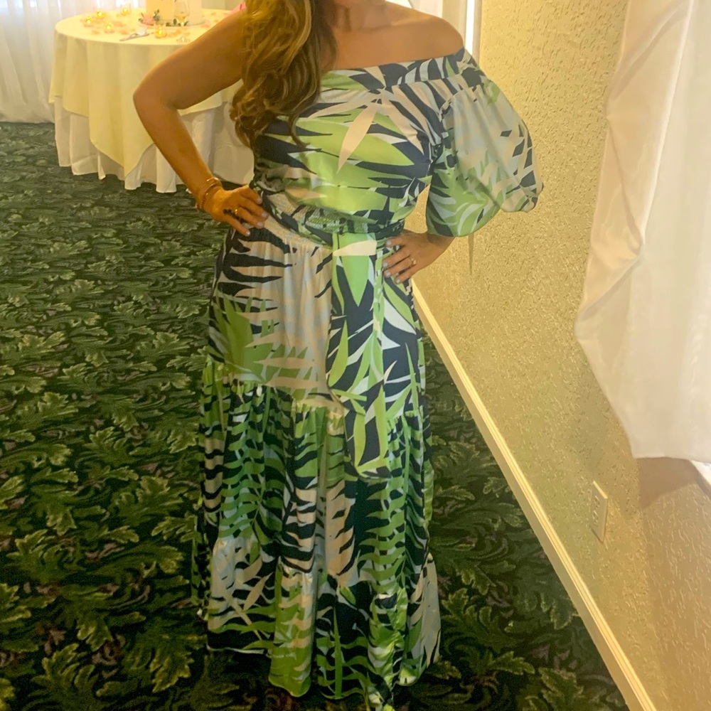 Royal blue, green and cream custom-made dress. Off the shoulders/quarter sleeve.